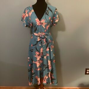 Midi tiered, belted dress, teal color with pink floral print